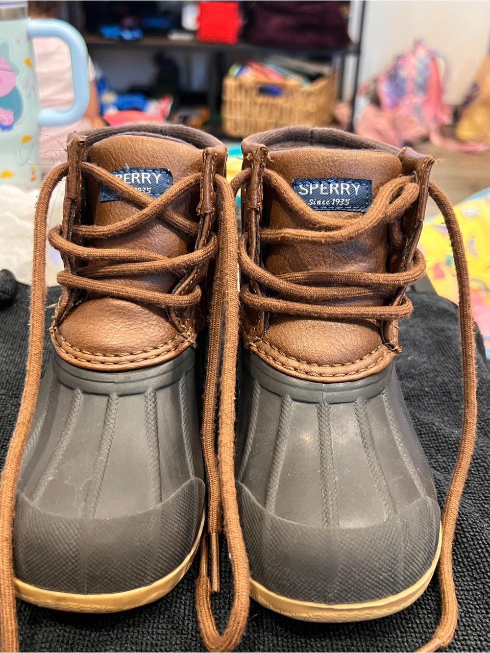 Sperry Kids Brown Leather and Gray Rubber Rain Boots